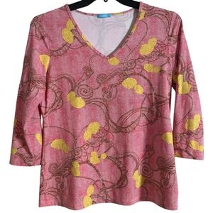 J McLaughlin Avalon 3/4 Sleeve V Neck Top Red Yellow Gray Rope Shell Print Large